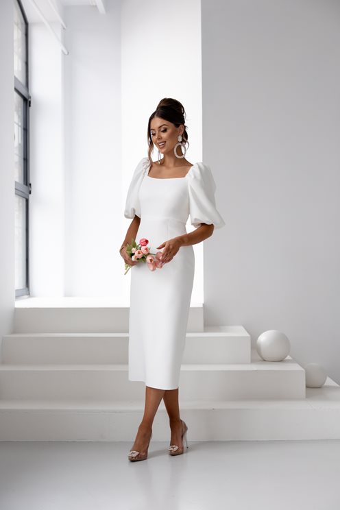 Sukienka midi prosta bufiaste rękawki biel