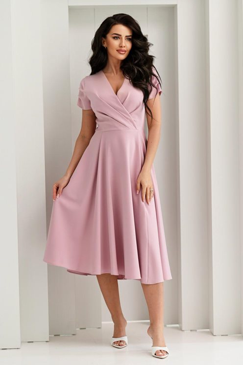 Sukienka midi marszczony rękawek zakładka puder