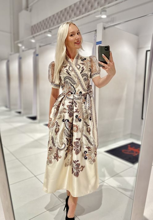 Sukienka midi wiązana rękawek rękawek wzorki krem