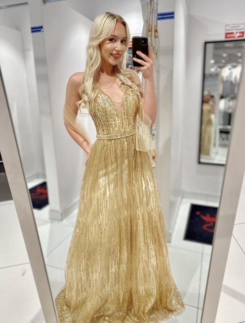 Długa sukienka zdobienia i brokat po całości złota