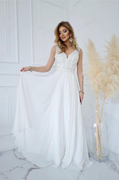 Sukienka długa góra koraliki szyfon biel