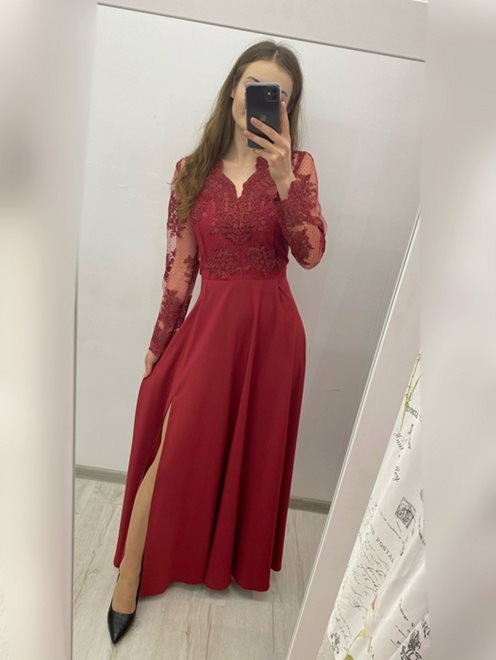 Długa sukienka koronka rękaw dlugi bordo