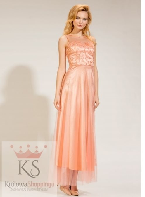 Sukienka długa z tiulem morela