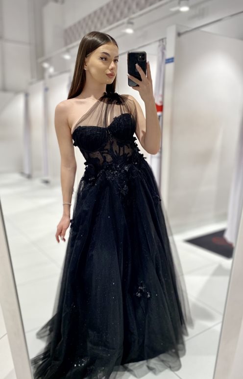 Sukienka długa tiul asymetria kwiaty brokat czerń