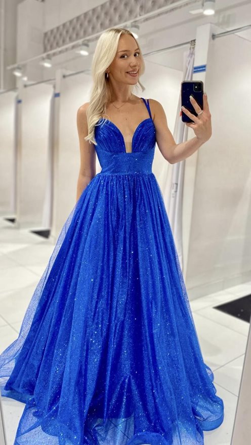 Sukienka długa rozłożysta mocno brokatowa chaber