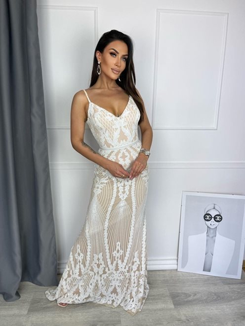 Sukienka syrenka cekiny cienkie ramiączka beż/biel