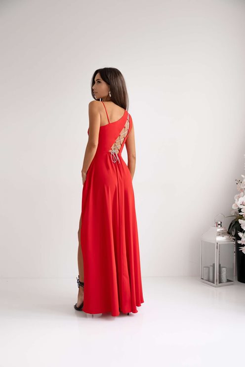 Sukienka długa asymetryczne wiązanie czerwień