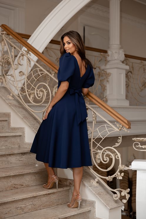 Sukienka midi bufiaste rękawki granat