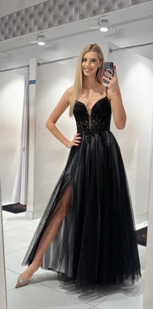 Sukienka długa gorset tiul brokat czerń/szary