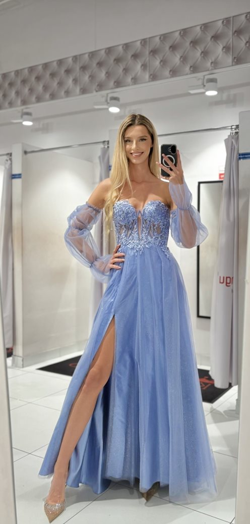 Sukienka długa tiulowa gorset zdobiony rękaw jeans