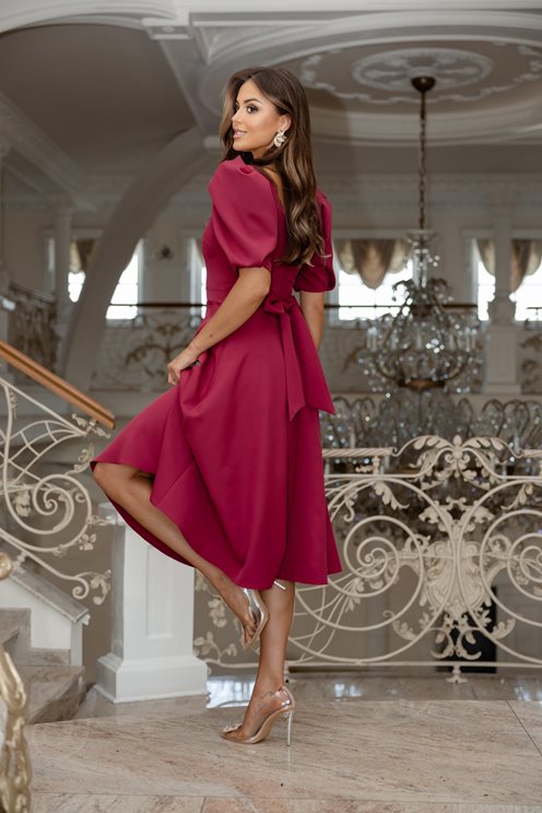 Sukienka midi bufiaste rękawki bordo