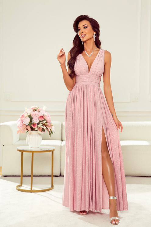 Długa sukienka odcinana  brokat róż