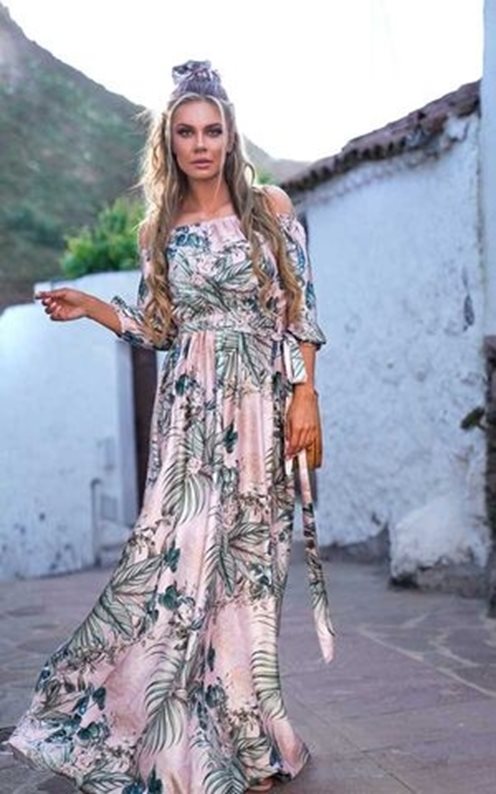 Sukienka długa hiszpanka wzór tropikalny róż