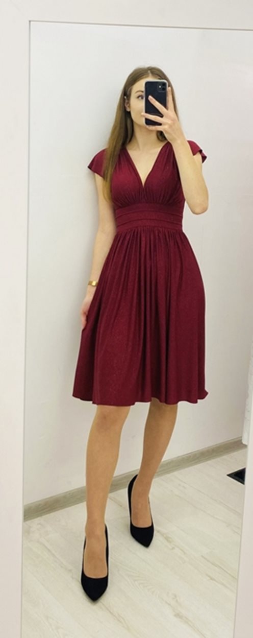 Sukienka krótka odcięcie pod biustem brokat bordo