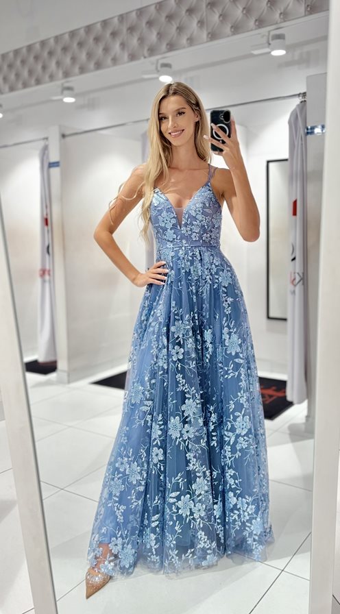 Sukienka długa z brokatem wiązanie plecy jeans