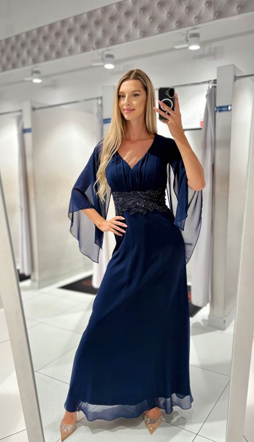 Sukienka długa rękawek zdobiona talia granat