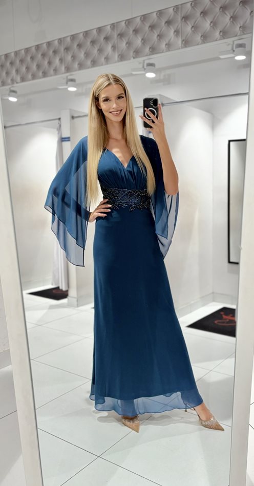 Sukienka długa rękawek zdobiona talia petrol