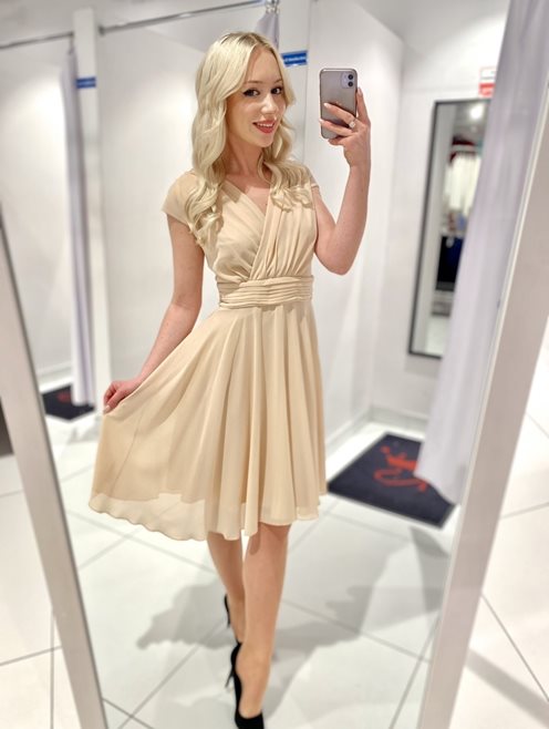 Sukienka krótka marszczenie w talii beż