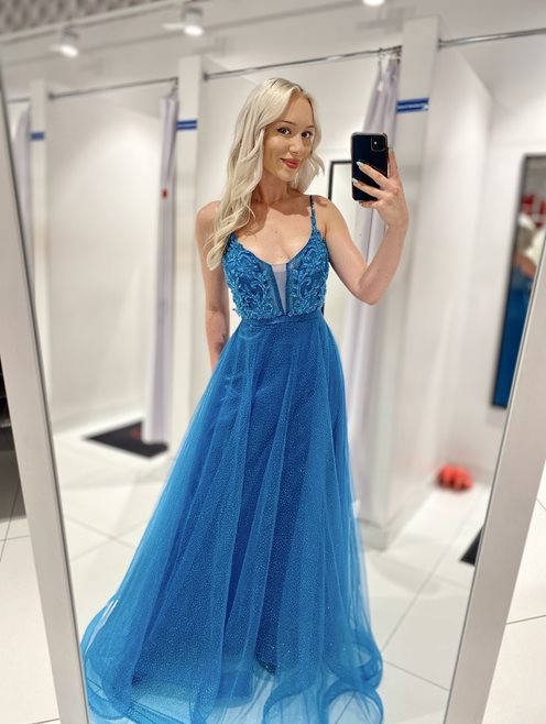 Sukienka długa z naszywaną aplikacją petrol