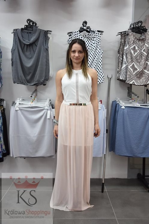 Długa sukienka ozdobny pasek biały/róż