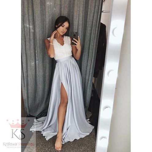 Sukienka długa koronkowy dekolt szary/biały