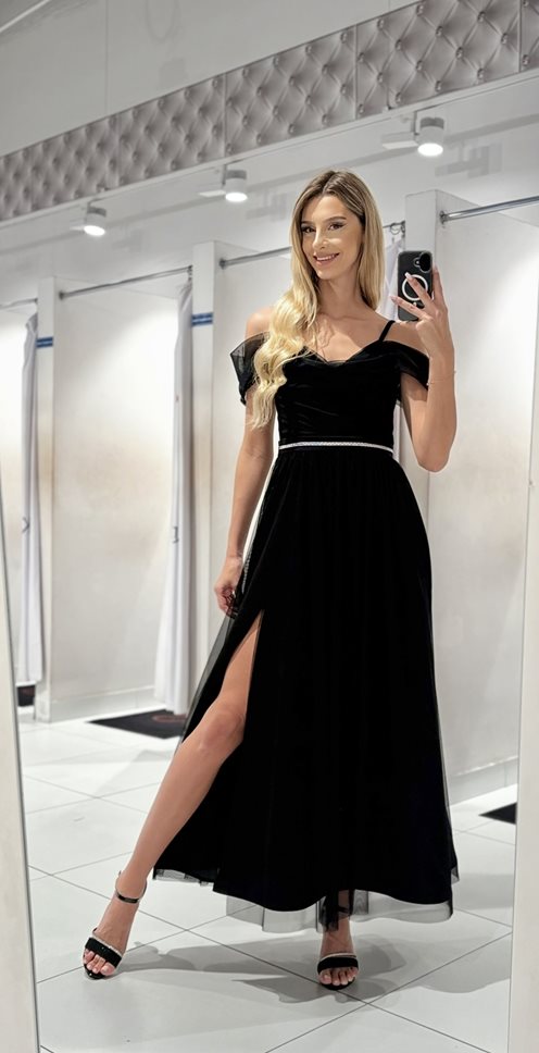 Sukienka długa hiszpanka tiul ozdoba pasek czerń