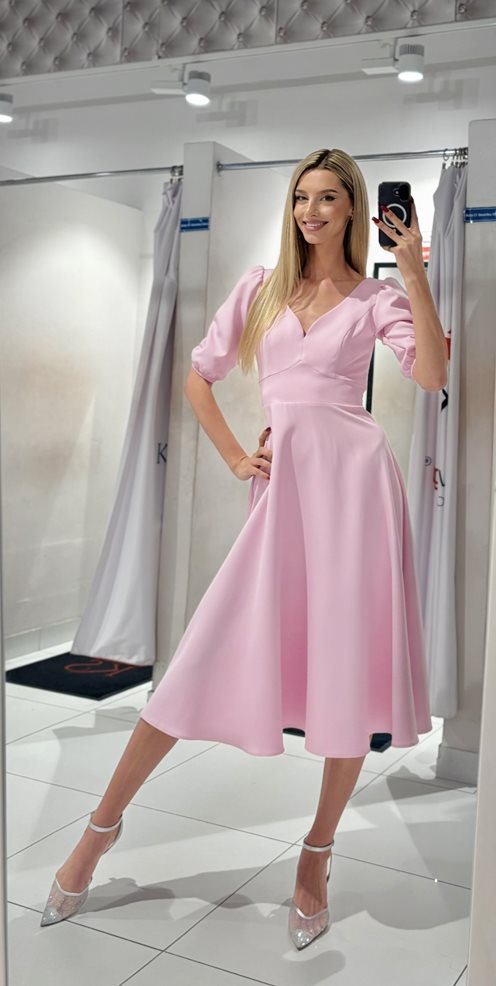 Sukienka midi rękawek wiązanie tył cukierkowy róż