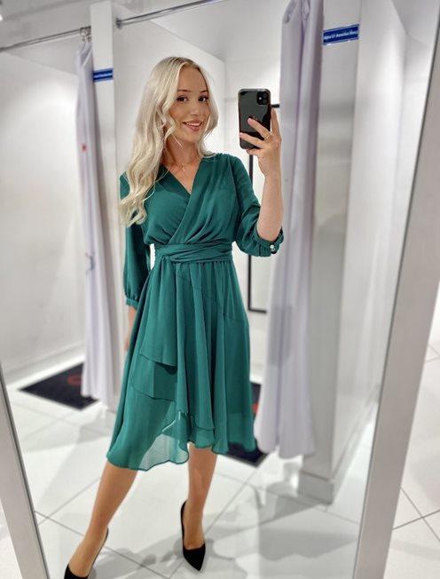 Sukienka midi rękaw 3/4 z paskiem zieleń