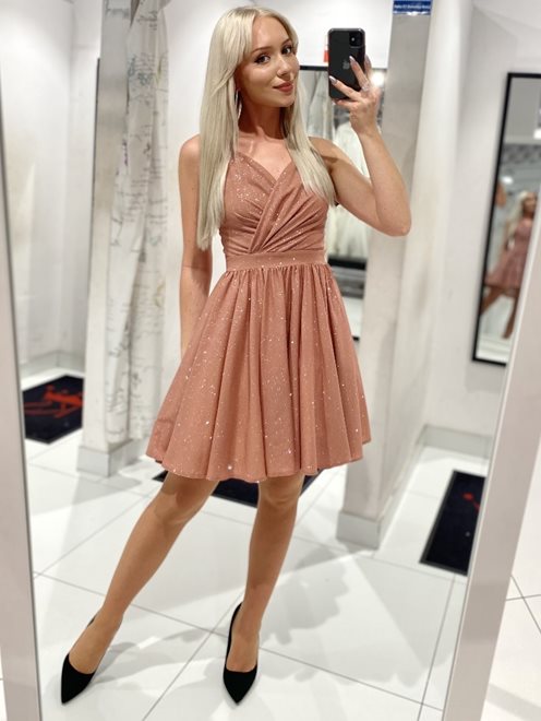 Sukienka krótka ramiączka brokat łosoś