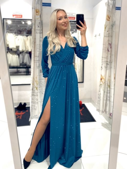 Długa sukienka brokat długi rękaw turkus