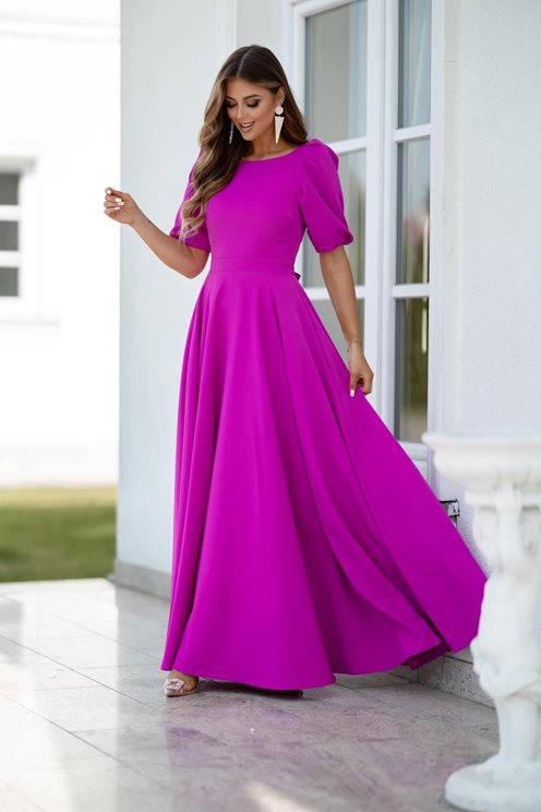 Sukienka długa bufiaste rękawki fuksja