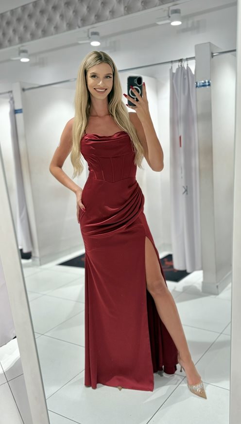 Sukienka długa wiązanie satyna gorset bordo