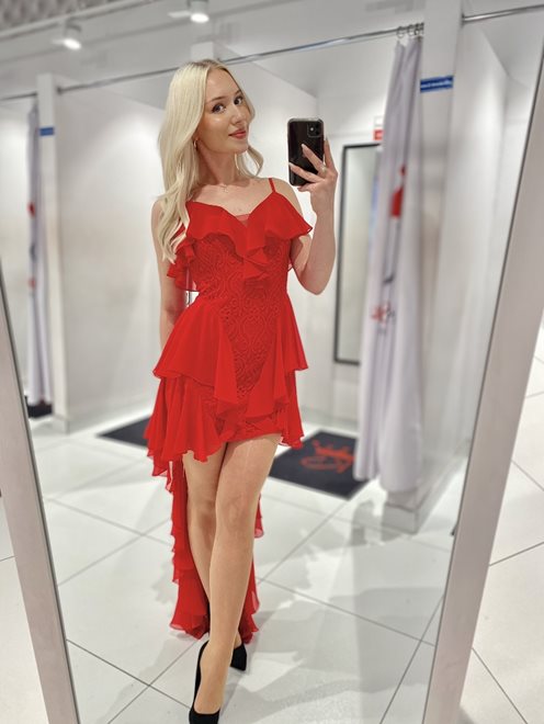 Sukienka asymetryczna z koronką i falbanki czerwon