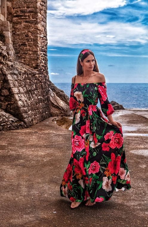 Sukienka długa hiszpanka wzór tropikalny czarna