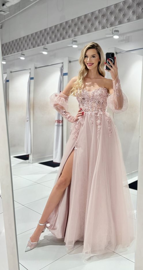 Sukienka długa tiul rękawek gorset puder róż