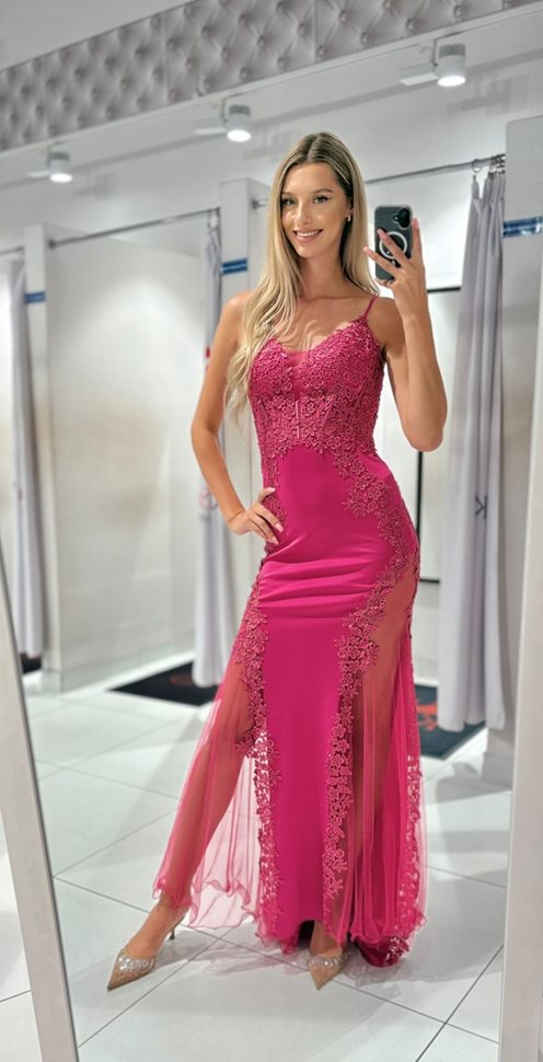 Sukienka długa syrenka zdobiona gorset tiul malina