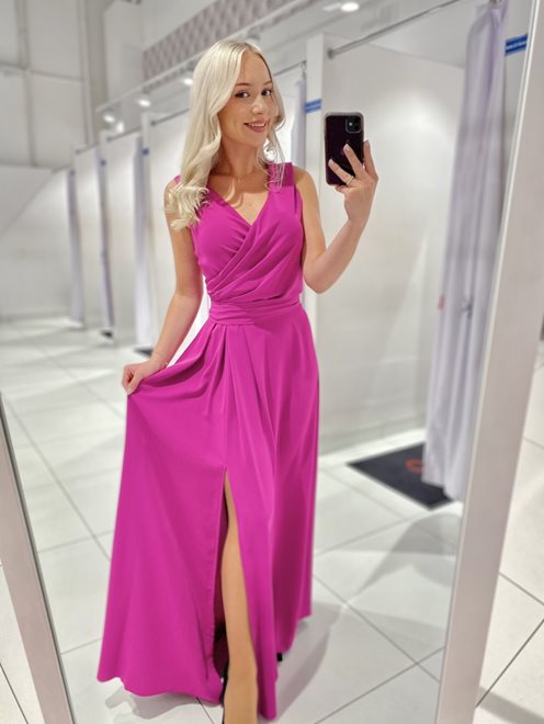 Sukienka długa dekolt na zakładkę zwiewna fuksja