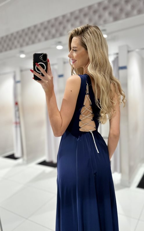 Sukienka długa asymetryczne wiązanie granat