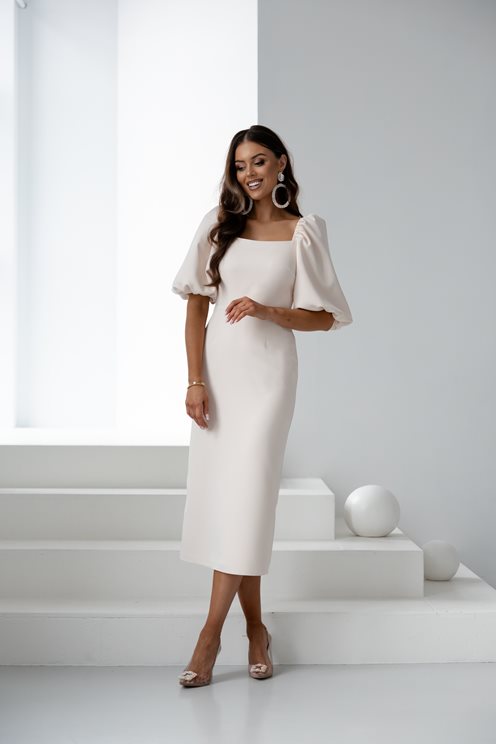 Sukienka midi prosta bufiaste rękawki krem