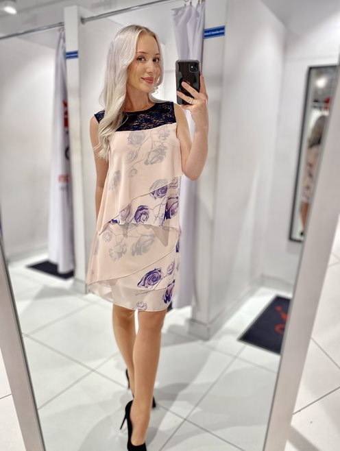 Sukienka falbana kwiaty róże granat