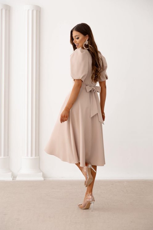 Sukienka midi dekolt bufiaste rękawki beż