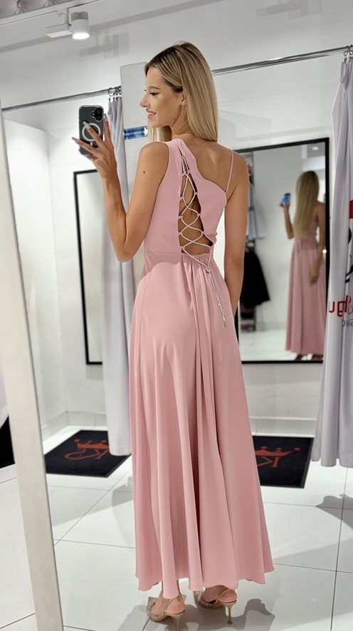 Sukienka długa asymetryczne wiązanie pudrowy róż