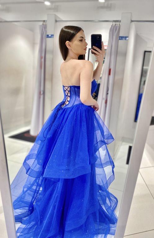 Sukienka długa brokatowa 3 falbany gorset chaber