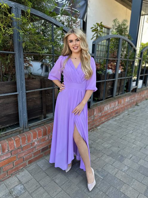 Sukienka długa zwiewna szyfon rękaw 3/4 lilia