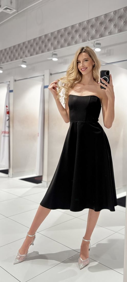 Sukienka midi prosta bez ramiączek błysk czerń