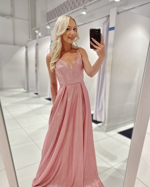 sukienka długa błyszcząca pasek koraliki róż