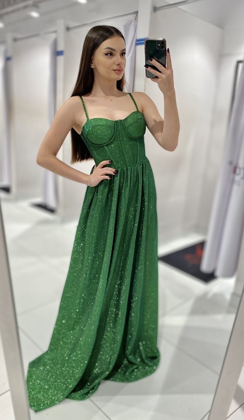 Sukienka długa gorsetowa brokat wiązana zieleń