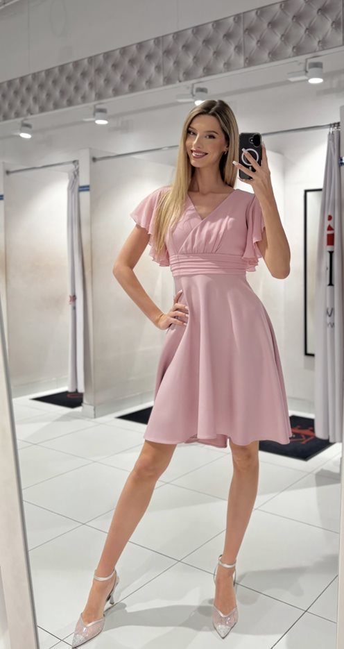 Sukienka asymetryczna pas i rękawek róż