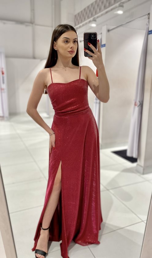 Sukienka długa na ramiączkach wiązana brokat czerw