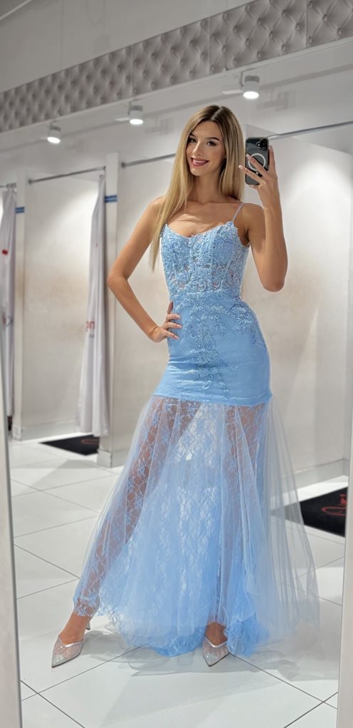 Sukienka długa syrenka cała koronkowa błękit